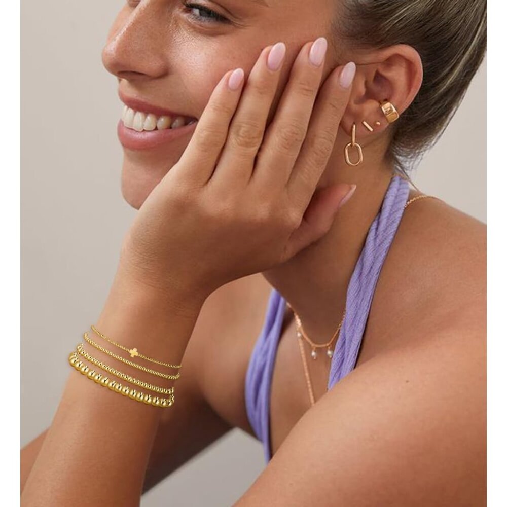 Gold Beaded Stackable Bracelets Set, Trendy 14k G… - image 6